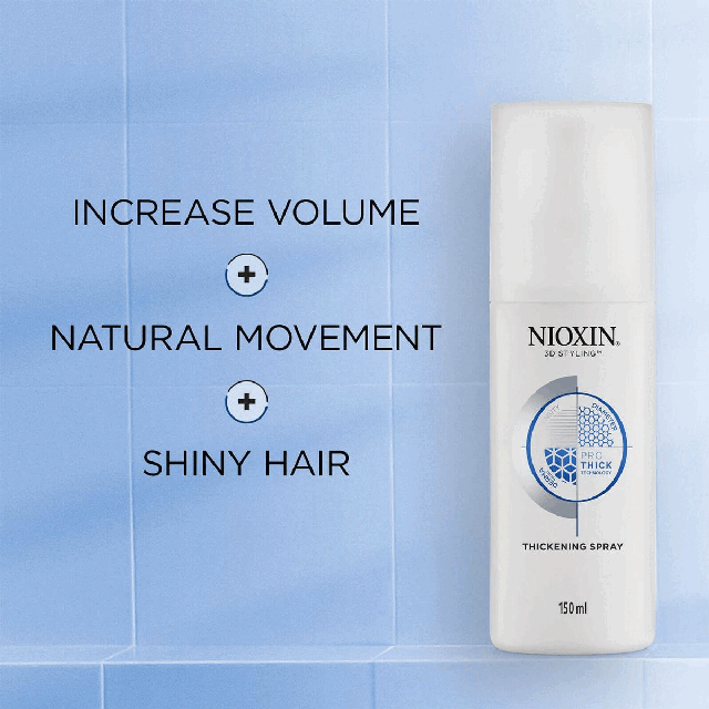 Increase volume + natural movement + shiny hair How to use Nioxin 3D thickening spray? For increase volume and fuller-looking hair 1. Shake before using 2. Spray from roots to ends 3. Blow dry for volume 4. Style as desired Pro Thick Technology