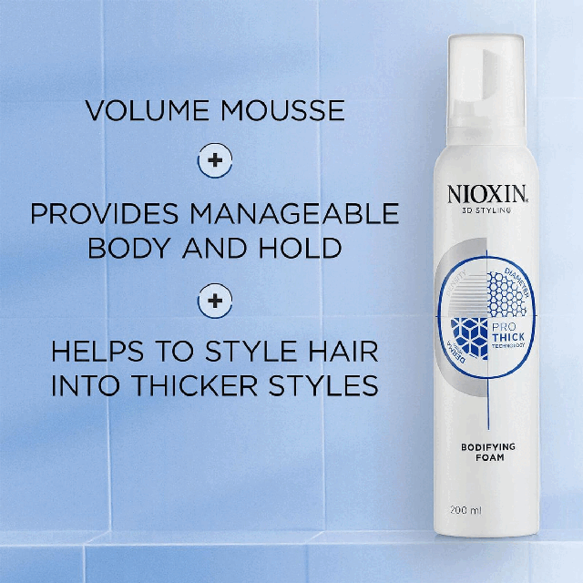 Volume Mousse + Provides Manageable body and hold + helps to style hair into thicker styles How to use Nioxin bodifying foam? A volume mousse for creating thicker hairstyles 1. Shake before use 2. Apply mousse to damp or towel-dried hair and distribute onto hair
3. Dry the hair to get the volume and define the movement Pro thick technology NIOXIN the no1. salon brand for thicker, fuller hair