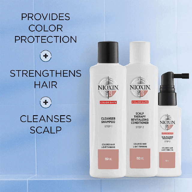 Provides colour protection + strengthens hair + cleanses scalp How to use Nioxin System Kit No.2 for coloured  hair with light thinning.Step 1 cleanser shampoo: gently massage into hair and scalp, rinse well. Step 2 Scalp Therapy revitalising conditioner: apply from scalp to ends, leave in for 1 to 3 minutes. Rinse. Step 3 Scalp & Hair Treatment: Shake well. Apply evenly to entire scalp. Do not rinse.Trial Size Kit - Daily Use 30 Days.Full Size Kit - Daily Use 90 days Dermatologically tested, clinically proven - Dr Caroline Robinson, MD, FAAD, Board-Certified Dermatologist