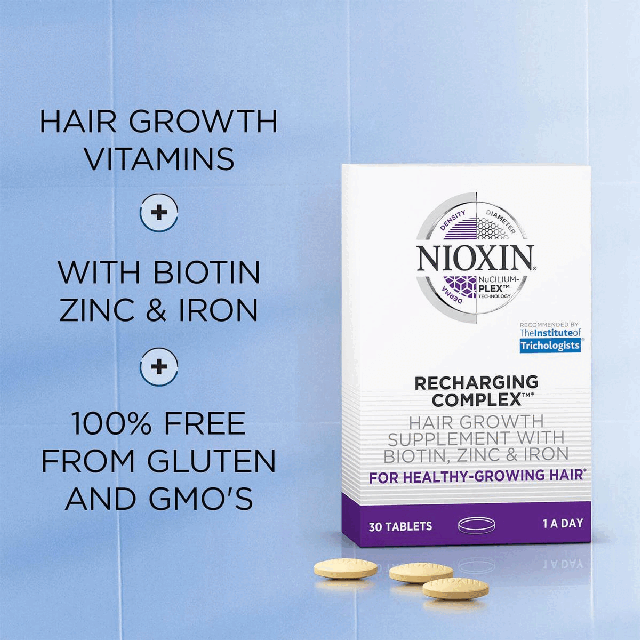 Hair growth vitamins + with biotin zinc & iron + 100% free from gluten and GMOs How to use Nioxin recharging complex? For healthy growing hair Take one table per day with a glass of water during the meal, as part of a varied and balanced diet and healthy lifestyle 1 tablet per day 1 month 1 tablet a day* *this product is intended for adults For best result use with your nioxin 3-part system
Recharge for healthy-growing hair from the inside out* *with biotin and zinc which contribute to the maintenance of normal hair
Support normal healthy-growing hair* *with biotin and zinc which contribute to the maintenance of normal hair