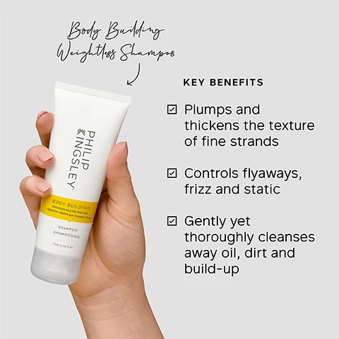Image 1 - Body Building Weightless Shampoo image shows a hand holding a white tube of Philip Kingsley shampoo next to text Key Benefits Plumps and thickens the texture of fine strands Controls flyaways frizz and static Gently yet thoroughly cleanses away oil dirt and build-up and the bottle text reads PHILIP KINGSLEY BODY BUILDING Volumises and lifts fine hair Apporte volume aux cheveux fins SHAMPOO SHAMPOOING 75ml 2.53 fl oz. Image 2 - A hand holds a white tube of Philip Kingsley conditioner with a yellow label, showing the text Body Building Weightless Conditioner, PHILIP KINGSLEY, BODY BUILDING, Hydrates shorter fine hair, Hydrate les cheveux courts fins, CONDITIONER, APRÈS-SHAMPOOING, 75ml 2.53 fl oz, KEY BENEFITS, ✓ Ultra-lightweight formula adds moisture without heaviness, ✓ Delivers volume, smoothness and shine, ✓ Controls flyaways and frizz. Image 3 - A hand holds a tube of hair treatment with accompanying text that reads Elasticizer Pre-Shampoo Treatment, KEY BENEFITS, CLINICALLY PROVEN to reduce breakage after one use, The solution to STRONGER FRIZZ-FREE hair, INTENSELY HYDRATES brittle hair and BOOSTS SHINE, PHILIP KINGSLEY, ELASTICIZER Adds elasticity and bounce Apporte elasticite et tonus, DEEP-CONDITIONING TREATMENT TRAITEMENT REVITALISANT EN PROFONDEUR, 75ml 2.53 fl oz, REDUCTION IN BREAKAGE AFTER ONE USE - INDEPENDENT INSTRUMENTAL TEST. Image 4 - A split image shows before and after a hair treatment, with dry frizzy hair on the left and smooth shiny hair on the right, and a tube of Philip Kingsley Elasticizer in the center, with visible text including BEFORE AFTER PHILIP KINGSLEY ELASTICIZER Adds elasticity and bounce Apporte élasticité et tonus DEEP-CONDITIONING TREATMENT TRAITEMENT REVITALISANT EN PROFONDEUR 75ml 2.53 fl oz. Image 5 - Overhead view of a tray with items including a belt, magazine, sunglasses, and keys, showing a bag with three small tubes of Philip Kingsley hair products and steps labeled: STEP 1: Pre-shampoo treatment, STEP 2: Shampoo, STEP 3: Conditioner.