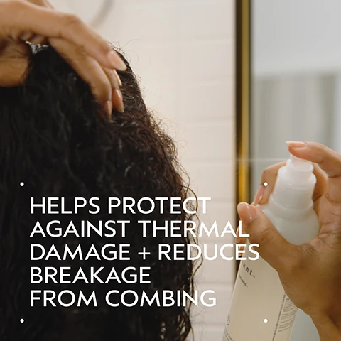 Image 2 - A person is applying product to dark, wet, curly hair with one hand while holding a white spray bottle with the other, with overlay text that reads: HELPS PROTECT AGAINST THERMAL DAMAGE + REDUCES BREAKAGE FROM COMBING. Image 3 - A side-by-side image captioned BEFORE and AFTER at the top shows a smiling womans hair transformation; on the left her dark hair is curly and voluminous with text Unwashed Hair, and on the right her dark hair is straight and smooth with text Results with Brilliant Shampoo, Conditioner, Damage Control Retexturing Gel, Anti-Humectant Pomade and Medium Hold Hair Spray and Smooth Infusion™ Perfectly Sleek Styling Crème. Blow dried with brush. Image 4 - A dark green image features a white circle containing pink rose petals, a white jasmine flower, and cloves, with the text BLISSFUL PURE-FUME AROMA and AN AROMATIC BLEND WITH JASMINE, ROSE, CERTIFIED ORGANIC CLOVE AND OTHER PURE FLOWER AND PLANT ESSENCES. Image 5 - The image is a four-step guide on a dark green background, titled HOW TO USE; step 01 CLEANSE shows hands lathering shampoo into dark hair, with text Brilliant™ Shampoo; step 02 CONDITION features hands squeezing white conditioner into a palm, with text Brilliant™ Conditioner; step 03 PREP illustrates a person spraying product onto wet hair, with text Brilliant™ Damage Control; and step 04 STYLE displays four Aveda Brilliant hair products, with text Brilliant™ Anti-Humectant Pomade and Medium Hold Hair Spray and Smooth Infusion™ Perfectly Sleek. Image 6 - A before and after image of a woman with dark curly hair: on the left, her hair is frizzy, captioned BEFORE Unwashed Hair; on the right, her hair is defined and smooth, captioned AFTER Results with Brilliant Shampoo, Conditioner, Damage Control, Retexturing Gel, Humectant Pomade, Hair Spray, and Wooden Paddle Brush. Blow dried with diffuser attachment. Image 7 - A translucent, clear liquid with small air bubbles, spread in an irregular oval shape on a white surface. Image 8 - A close-up of green leaves with a red plant stem features three white certification logos: a V with 100% VEGAN, a B inside a circle with text Certified B Corporation, and a leaping rabbit with stars and text Cruelty Free INTERNATIONAL.