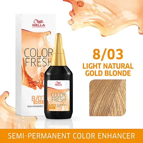 Image 1, WELLA PROFESSIONALS COLOR FRESH WELLA COLOR 8/03 FRESH PH 6.5 SEMI-PERMANENT 8/03 COUR 8/03 LIGHT NATURAL GOLD BLONDE SEMI-PERMANENT COLOR ENHANCER Image 2, 8/03 LIGHT NATURAL GOLD BLONDE Image 3, HEALTHY-LOOKING SHINE& COLOR Image 4, QUICK & EASY APPLICATION Image 5, CONDITIONING COLOR ENHANCER Image 6, LASTS UP TO 10 SHAMPOOS Image 7, EXPERT TIP WELLA ENRICH CARE RANGE PROFESSIONALS WELLA ENRICH THICK PROFESSIONALS WELLA PORESSIONIALS ENRICH ミ WELLA PROFESSIONALS ENRICH