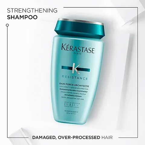 Image 1, strengthening shampoo, damaged, over-processed hair. Image 2, Fore Architecture, Formulated to cleanse and fortify damaged hair at erosion levels 1-2, utilising a vita-ciment complex and hair is left soft, sleek and protected. Image 3, Vita-Ciment ingredient. Image 4, Resistance, Hovig Etoyan/global professional ambassador- In the quest for our desired style: hair strength and condition can be affected by heat styling and chemical processing. Resistance has a product suitable for all types of damaged hair so makes it my go-to clients seeking stronger looking hair.