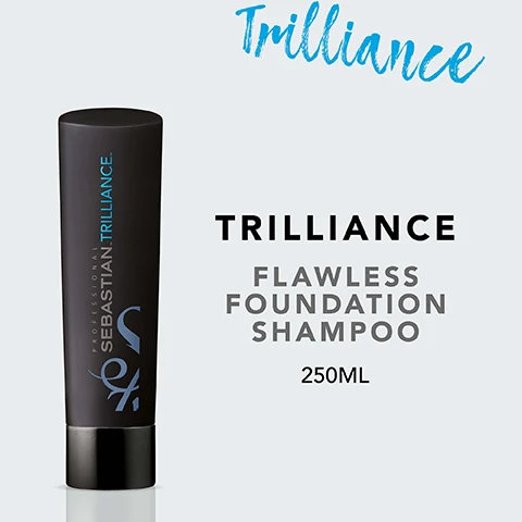 Image 2 - Image of a black shampoo tube labeled Trilliance by Sebastian, featuring the text Flawless Foundation Shampoo and 250ML.
Image 3 - A black tube of Sebastian Trilliance hair product is displayed, with text that reads polished and smooth hair and enhanced light reflection.
Image 4 - Image shows a step-by-step guide on how to use shampoo with icons for each step and the following text: HOW TO USE, MASSAGE THE SHAMPOO INTO WET HAIR, RINSE THOROUGHLY, REPEAT IF NECESSARY.
Image 5 - Image shows three hair care products: a black tube, a white tube, and a blue spray bottle, with text that reads combine with trilliance conditioner & brilliant spray for best results.