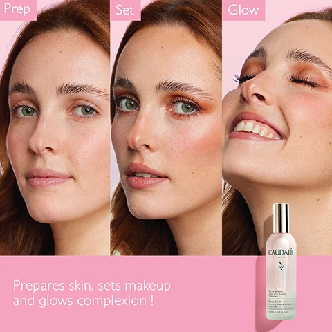Image 1 - Image shows three side-by-side portraits of a woman displaying different makeup stages labeled Prep, Set, and Glow, with a product bottle of Caudalie in the bottom right corner, and text that reads Prepares skin, sets makeup and glows complexion!
Image 2 - A woman with long, wavy reddish-brown hair holds a bottle of Caudalie beauty elixir up to her face, showcasing her natural skin and a gentle smile against a light pink background, with text stating Instant complexion enhancer and 100% saw their pores tightened immediately after use*.
Image 3 - A hand is holding a spray bottle labeled Caudalie, with a mist being sprayed from the nozzle against a pink background, and the visible text reads Face mist 100% natural origin ingredients.
Image 4 - A clear bottle of Caudalie Beauty Elixir is surrounded by rose, mint, grape, lemon balm, rosemary, and orange blossom, with text describing the benefits of each ingredient and the product: Rose - Boost radiance, Mint - Tones & refreshes, Grape - Moisturize, Lemon Balm - Soothes & calms, Rosemary - Soothes & purify, Orange blossom - Calms & glows complexion.
Image 5 - Image shows a side-by-side comparison of two skincare products: on the left, a bottle of Beauty Elixir with visible text Beauty Elixir and benefits including Reveals radiance, Tightens pores, and Fixes makeup; on the right, a bottle of Grape Water with visible text Grape Water and benefits including Soothes, Moisturizes, and Antioxidant.