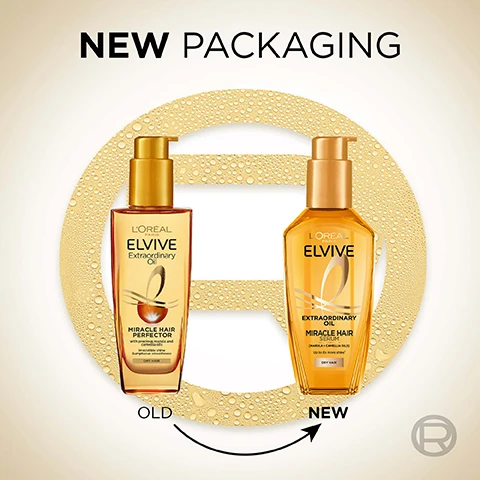 Image 1 - Image showing two bottles of LOréal Elvive Extraordinary Oil: on the left is the old packaging labeled OLD and on the right is the new packaging labeled NEW, with the text NEW PACKAGING at the top and water droplet effects in the background.
Image 2 - A woman with curly hair smiles while holding a bottle of LOréal Elvive Extraordinary Oil Miracle Hair Serum, with text reading UP TO 6X MORE SHINE* YOURE WORTH IT.
Image 3 - Image of a bottle of LOréal Elvive Extraordinary Oil Miracle Hair Serum positioned against a neutral background, with text highlighting its features: +92% nourishment, up to 230°C heat protection, up to 6x more shine, and up to 72H fragrance.
Image 4 - Four images of hair transformations are shown side by side, depicting the varying textures and colors of hair: the first has tightly curled black hair labeled BEFORE on the left and smooth hair labeled AFTER on the right; the second features straight blonde hair labeled BEFORE and wavy hair labeled AFTER; the third displays straight dark brown hair labeled BEFORE followed by wavy hair labeled AFTER; the top of the image contains the text TRANSFORMS ALL TYPES OF HAIR.
Image 5 - Image of golden oil droplets against a light background with the text powered with extraordinary marula & camellia oils.
Image 6 - A visually appealing image displays two hair serum bottles labeled LOreal Elvive; the left bottle is golden and marked as Day Miracle Hair Serum with text indicating long-lasting and weightless nourishment, while the right bottle is dark blue and marked as Night Midnight Serum with text indicating intense overnight re-nourishment.
Image 7 - Image shows four hair care products from LOréal Elvive, including a shampoo, conditioner, day serum, and night serum, with text indicating ROUTINE FOR INTENSE HAIR NOURISHMENT, and identifying each step as STEP 1 SHAMPOO, STEP 2 CONDITIONER, STEP 3 DAY SERUM, and STEP 4 NIGHT SERUM.