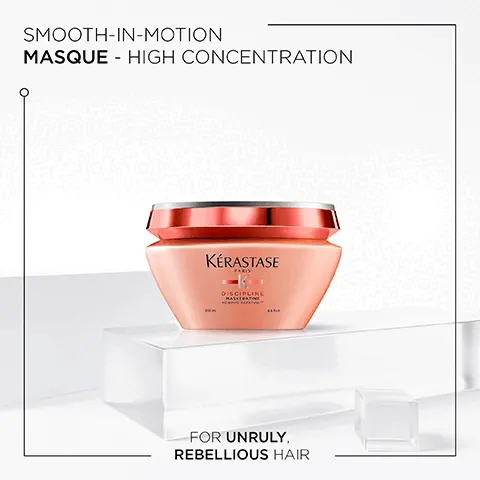 Image 1, Smooth in motion Masque- High concentration, for unruly rebellious hair. Image 2, Discipline. Pro-keratin products smooth and tame unruly hair, anti-frizz benefits and fluidity, movement and shine. Image 3, Surface protectors and morpho-keratin ingredients. Image 4, Discipline, Hovig Etoyan/global professional ambassador- When my clients ask for a range to help make their hair more manageable. My answer is always the same: Discipline. It gently coats the hair fibre and helps provide supple hair that moves with you