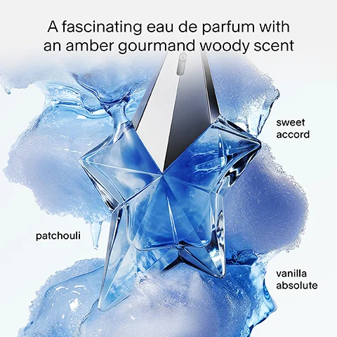 A star-shaped blue perfume bottle with faceted glass is surrounded by splashing blue liquid on a white background, with text that reads A fascinating eau de parfum with an amber gourmand woody scent, sweet accord, patchouli, and vanilla absolute.