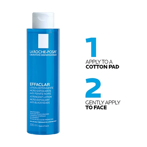 Image 1 - A blue bottle of La Roche-Posay Effaclar Astringent Lotion with visible instructions stating 1 APPLY TO A COTTON PAD and 2 GENTLY APPLY TO FACE, along with product details in French and 200 ml size.
Image 2 - Three vertical panels display skincare ingredients: the first panel features a textured icy blue background with large text reading Salicylic Acid and the description deeply unclogs pores & clears severe imperfections; the second panel has a shiny, reflective blue surface with the text LHA and the description gently micro-exfoliates and refines pores; the third panel contains a smooth blue background with the word Glycerin and the description retains water and provides intense hydration for the skin.
Image 3 - A bottle of blue Effaclar clarifying lotion is being held by a gloved hand against a light blue background, with visible text stating EFFACLAR CLARIFYING LOTION MICRO-EXFOLIANT ANTI-BLACKHEADS CLEANSING PURIFYING.
Image 4 - Blue bottle of La Roche-Posay Effaclar astringent lotion with visible text that reads helps to unblock and reduce the appearance of pore size.
Image 5 - A close-up of a young woman with a clear complexion, featuring a blue bottle of La Roche-Posay Effaclar astringent lotion with visible text reading LIGHT TEXTURE MATTIFYING EFFECT and “200 ml.”
Image 6 - A blue bottle of La Roche-Posay skincare product labeled as helps to eliminate excess oil with ingredient lists for salicylic acid, silica powder, and thermal spring water.