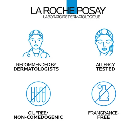 A graphic featuring the La Roche-Posay logo at the top, followed by four icons representing benefits: a doctor icon labeled recommended by dermatologists, a face icon labeled allergy tested, a symbol indicating oil-free/non-comedogenic, and a fragrance-free symbol.