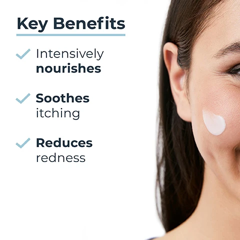 Image 1 - A woman smiles with a cream applied to her cheek, accompanied by text that lists the key benefits: intensively nourishes, soothes itching, and reduces redness.
Image 2 - A hand holds a tube of Eucerin AtopiControl calming face cream with text stating Itchy, very dry to atopic skin, Calming, and Suitable for babies.
Image 3 - Image shows a creamy drop of product with labels pointing to Natural Omega Oils (Evening Primrose & Grape Seed), Ceramides, and Licocalchone A.
Image 4 - The image features a light blue background with rays of light, stating Clinically proven*, 88% of patients confirm effectively fights signs of redness, and includes a footnote about a product in use study.
Image 5 - Image shows three Eucerin AtoControl products: a bottle of calming shower oil, a tube of calming balm, and a tube of calming face cream, with text that reads Recommended Routine and numbers 1, 2, 3.