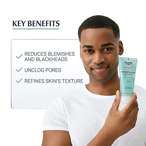 Image 1, key benefits. reduces blemishes and blackheads. unclogs pores. refines skin's texture. image 2, blemish prone skin. scrub. non comedogenic. image 3, proven results. pore refining micro particles. image 4, key ingredients. lactic acid - keratolyic acid and comedolytic. micro particles - refines and unclogs pores. image 5, recommended routine. 1 = scrub. 2 = toner. 3 = fluid.