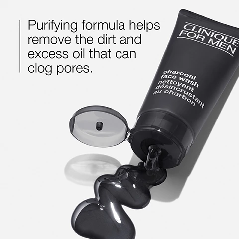 Image 1 - The image shows a black tube of Clinique for Men charcoal face wash with a slightly open cap, dispensing dark gel onto a surface, accompanied by text that reads: Purifying formula helps remove the dirt and excess oil that can clog pores.
Image 2 - An image showing a clear container with a white, viscous substance and a spoon next to a plate with several pieces of black charcoal, labeled Charcoal and Glycerin.
Image 3 - A close-up image of dark, bubbling liquid with visible text that says purify and refine, accompanied by small icons above each word.
Image 4 - A gray background lists items marked with a cross indicating they are free of fragrance, gluten, oil, drying alcohol, sodium lauryl sulfate, and sodium laureth sulfate.