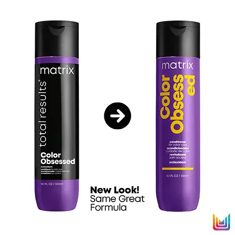 Image 1 New Look! Same Great Formula. Image 2, Color vibrancy conditioner Fights fading + helps maintain color vibrancy ✔ Enhances radiance + shine ✔ Suitable for all color-treated hair types. Image 3, Before *System of Color Obsessed shampoo, conditioner and Miracle Treat 12 spray. After Color Obsessed System*. Image 4, color obsessed prolongs and extends the life of hair colour cleanse and nourish