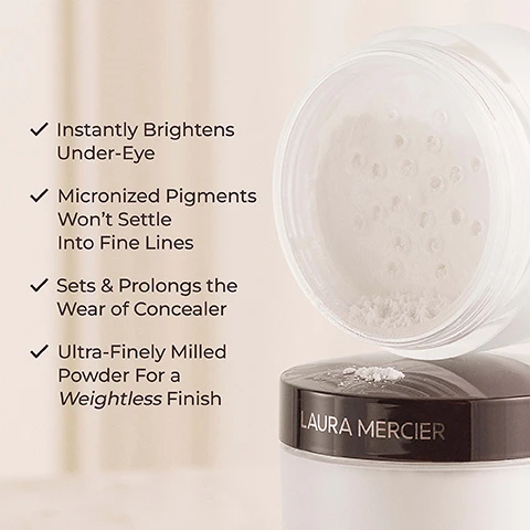 Image 1, instantly brightens under eye. micronized pigments won't settle into fine lines. sets and prolongs the wear of concealer. ultra finely milled powder for a weightless finish. image 2, swatches of translucent setting powder and secret brightening powder for under eyes. image 3, 100% said it feel weightless on skin. 100% said it has a brightening finish. 97% said it prolongs wear or under eye makeup and concealer. image 3, translucent loose setting powder: usage = apply to the entire face for all over setting, the finish = soft matte, why you'll love it = 16 hour long wear, no photo flashback, 24 hour shine control. secret brightening powder for under eyes: the usage = apply to the under eyes to set and brighten, the finish = soft, radiant finish, why you'll love it = brightens dark circles, diminishes the look of fine lines, perfect for all skin types. image 4, choose your setting powder, 16 hour wear and weightless finish. setting icon original: usage = all over setting and baking, finish = matte, best for = normal to oily skin. ultra blurring: usage = all over setting and targeted blurring, finish = natural, best for = normal to dry skin. colour correcting: usage = all over setting and targeted brightening, finish - matte, best for = normal to oily skin. under eye brightening: usage = sets, concealers and brightens under eyes, finish = matte, best for = normal to oily skin.
