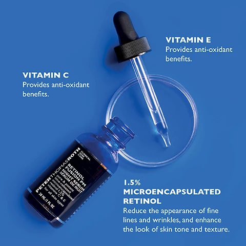 Image 1 - A blue background features a dropper bottle and a glass dish, with the bottle labeled as 1.5% Microencapsulated Retinol and text stating Reduce the appearance of fine lines and wrinkles, and enhance the look of skin tone and texture, alongside text for Vitamin C and Vitamin E that both state they provide anti-oxidant benefits.
Image 2 - A close-up image of three dark blue glass bottles of retinol serum on a blue surface, with a dropper dispensing the serum from one bottle, and visible text includes PETER THOMAS ROTH RETINOL FUSION PM NIGHT SERUM, 30 ML / 1 FL OZ, and a blue box with instructions that read HOW TO USE Apply nightly to cleansed face. Use SPF protection during the day. If mild irritation or redness occur, use every other night until skin adjusts. Gradually build to nightly use. *For external use only.
Image 3 - Four images comparing skin areas before and after treatment, labeled Cheek Area Before, Cheek Area After 4 Weeks, Mouth Area Before, Mouth Area After 2 Weeks, Forehead Before, and Forehead After 4 Weeks, with a blue background and an asterisk indicating that individual results may vary.