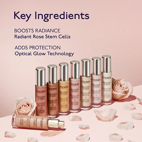 Image 1 - Eight cosmetic serum bottles in various shades, including one lying down with a product swatch, are arranged on a pink surface with scattered rose petals and roses, next to text reading Key Ingredients BOOSTS RADIANCE Radiant Rose Stem Cells ADDS PROTECTION Optical Glow Technology, and the bottles are labeled BY TERRY BRIGHTENING CC SERUM. Image 2 - Eight By Terry Brightening CC Serum bottles are stacked horizontally, showing a range of skin tones from dark to light, against a soft pink background with accompanying text: MINIMISES IMPERFECTIONS, 96% SKINCARE FORMULA, HYDRATING & PROTECTING, MULTI-USE, PRIMES SKIN, GLOWING SKIN, BOOSTS RADIANCE. Image 3 - The image shows eight vertical swatches of CC serum, each with a product bottle, arranged from light to dark shades, with the title Which CC Serum Shade Is Right For Me?; visible headers are BENEFITS, PRIMER, HIGHLIGHTER; and details for each shade are: N°1 Immaculate Light Controls redness Reduces blotchiness, Porcelain Complexions, Fair Complexions; N°2 Rose Elixir Brightens dull skin, Fair Complexions, Fair - Medium Complexions; N°2.25 Ivory Light Brightens neutral undertones Provides a luminous bare skin glow, Fair - Medium Complexions, Fair - Medium Complexions; N°2.5 Nude Glow Provides warmth to fair complexions Subtle luminous glow, Fair - Warm Complexions, Medium - Warm Complexions; N°2.75 Peach Glow Instant skin reviving effect Provides a peachy, rosy glow, Medium - Warm Complexions, Medium - Warm Complexions; N°3 Apricot Glow Perfect for Neutral - Warm undertones Revives dull complexion Provides warmth, Medium Complexions, Medium Complexions; N°4 Sunny Flash Provides a bronze glow Perfect bronzer for Fair - Medium complexions, Medium - Deep Complexions, Medium - Deep Complexions; N°5 Sienna Light Provides a sun-kissed glow Copper reflections Perfect bronzer for Medium - Warm complexions, Deep Complexions, Deep Complexions. Image 4 - A By Terry Brightening CC Serum bottle in a bronze shade with surrounding liquid drops is displayed on a pink background, with text reading BRONZING HERO No.4 Sunny Flash VIRAL LIQUID BRONZING BY TERRY BRIGHTENING CC SERUM BASE DE TEINT LUMIÈRE HYDRATATION - ÉCLAT CORRECTION COULEUR GLOWING BASE HYDRATION - RADIANCE COLOR CORRECTION.