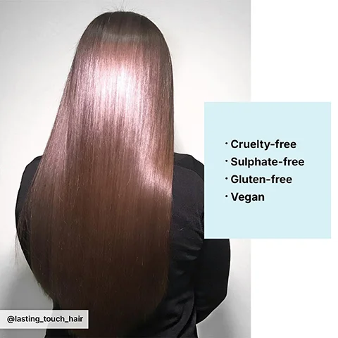 A person viewed from behind showcases very long, straight, and lustrous brown hair, with a light blue box listing Cruelty-free, Sulphate-free, Gluten-free, Vegan, and the text @lasting_touch_hair in the bottom left.