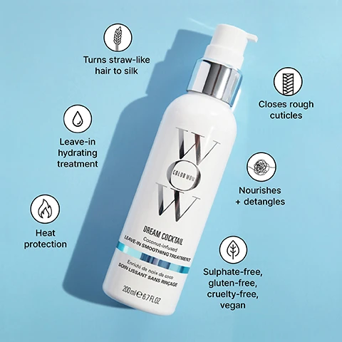 Image 1 - A white Color WOW Dream Cocktail Coconut-infused Leave-in Smoothing Treatment bottle with a silver pump lies diagonally on a light blue background, surrounded by descriptive text and icons that read: Turns straw-like hair to silk, Leave-in hydrating treatment, Heat protection, Closes rough cuticles, Nourishes + detangles, Sulphate-free, gluten-free, cruelty-free, vegan, 200ml e 6.7 FL OZ, Enrichi de noix de coco SOIN LISSANT SANS RINÇAGE. Image 2 - Three women with healthy blonde and dark hair are displayed above a chart titled WHICH COCKTAILS ARE RIGHT FOR YOU?, which lists hair problems including Breakage, Dull, dehydrated-straw-like hair, and Fine, limp hair, along with their corresponding Dream Cocktails such as Kale-Infused Formula, Coconut-Infused Formula, and Carb-Infused Formula, and the Results: 50% stronger hair with just one use, Hydrates + silkens, and Thickens + adds mass.