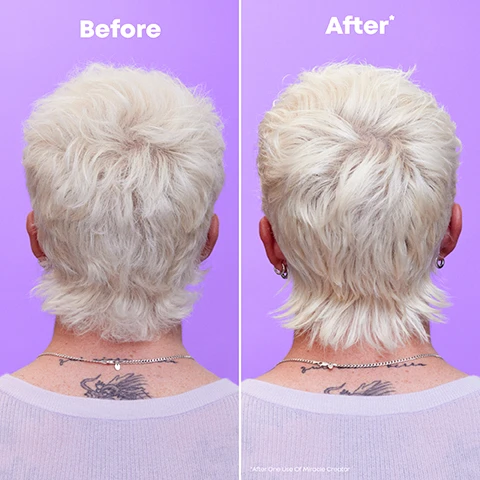 Image 1 - A person with short, light blonde hair is shown from the back in a side-by-side comparison, with the left labeled Before and the right labeled After, featuring visible neck tattoos and a purple background.
Image 2 - A hand holding a bottle of Matrix Miracle Creator spray, with a purple background, featuring visible text: Lightweight, Milky Texture, Vegan Formula, multi-tasking leave-in treatment, No Animal Derived Ingredients Or By Products.
Image 3 - Image shows two bottles of Matrix Miracle Creator hair product side by side against a purple background, the left bottle is pink with the text 20 Miracle Creator multi-tasking treatment and the right bottle is purple with the same text, accompanied by an arrow pointing from the pink bottle to the purple one and the words Hot New Look! Same Great Formula!
Image 4 - A colorful infographic titled 20 Beautifying Benefits! features sections labeled Enhance, Protect, and Style with bullet points detailing benefits like nourishment, heat protection, and frizz control.
Image 5 - A spray bottle labeled matrix Miracle Creator is surrounded by colorful bubbles against a lavender background, with text that reads Discover The Ingredients Behind The Miracle, 1 Essential AHA Acid Lactic Acid, and 3 Nourishing Oils Coconut, Soybean & Sweet Almond Oils.