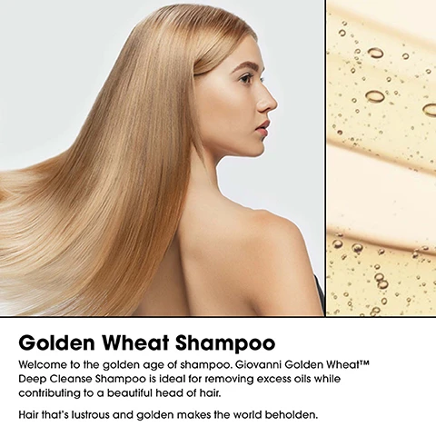 Image 1 - A woman with long, straight blonde hair is shown from the side, and a close-up of a light-colored shampoo with bubbles is on the right; the visible text includes the product name Golden Wheat Shampoo and a description of its benefits.
Image 2 - Image shows a product label for Golden Wheat Deep Cleanse Shampoo, featuring an icon of a water droplet, and includes text that lists its benefits: cleanses hair and scalp, helps encourage volume and shine, creates a clean palette for style, is lauryl and laureth sulfate-free, and is color-safe and vegan-friendly.
Image 3 - A bottle of Giovanni Golden Wheat Deep Cleanse Shampoo is shown, with a textured background featuring beige liquid and bubbles, and the label includes text about its purpose for normal to oily hair and includes the tagline Bridging the Gap Between Natural and Salon Quality Hair Care Since 1979.