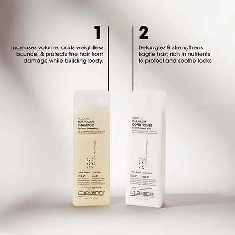 Image of two bottles of Giovanni hair products: a shampoo labeled ROOT 66 MAX VOLUME SHAMPOO for limp, lifeless hair with text highlighting its benefits, and a conditioner labeled ROOT 66 MAX VOLUME CONDITIONER for limp, lifeless hair with additional product benefits detailed.
