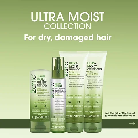 Image shows a collection of hair care products labeled Ultra Moist for dry, damaged hair, including a deep moisture hair mask, shampoo, conditioner, and leave-in spray, with visible text promoting their benefits and a website link for more products.