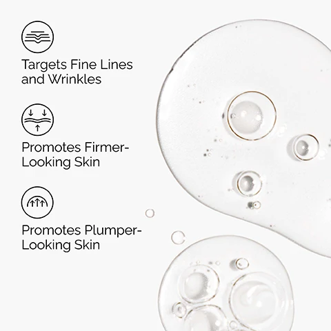Image 1 - The image displays clear liquid drops with bubbles on the right and three icons on the left that illustrate skincare benefits: Targets Fine Lines and Wrinkles, Promotes Firmer-Looking Skin, and Promotes Plumper-Looking Skin. Image 2 - A close-up of a person with dark skin applying a product to their cheek, with a hand visible and three labels overlaid on the left side reading Firms, Plumps, and Targets Fine Lines. Image 3 - A close-up of a clear liquid with small particles in a round, clear lab dish is shown on a white background, with the accompanying text Key ingredients in Matrixyl 10% + HA: Matrixyl™ 3000 and Matrixyl™ synthe6™ Reduces the appearance of wrinkles. Hyaluronic Acid Supports skin hydration. Image 4 - A graphic displays The Ordinarys three-step age support regimen, titled A soothing, age support regimen, with products arranged horizontally: the first step, PREP, shows a grey tube of Squalane Cleanser that Cleanses skin and removes makeup; the second step, TREAT, includes two dropper bottles, one of Matrixyl 10% + HA that Plumps skin and reduces the look of fine lines and wrinkles, and one of 100% Fermented Rose Hip Seed Oil that Soothes and improves skin elasticity and firmness; and the third step, SEAL, features a grey tube of Natural Moisturizing Factors + HA that Supports the skin barrier.