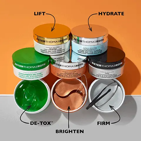 Image 1, products in the range- Lift, hydrate, de-tox, brighten, firm. Image 2, Can be applied two ways, pointing outwards to target under-eye puffiness and wrinkles, or pointed inwards to to target crows feet. Image 3, Before and after to show results of de-tox and de-puff in just ten minutes. Image 4, Cucumber extract helps de-tox, hydrate and de-puff the look of skin, allantoin, aloe and chamomile help soothe skins appearance