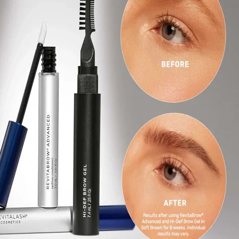 before and after. results after using revitabrow advanced and hi-def brow gel in soft brown for 8 weeks. individual results may vary.