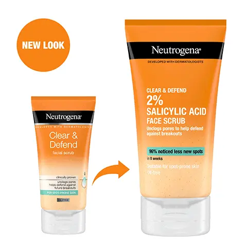 Image 1, New look Image 2, CLINICALLY PROVEN SCRUB TO HELP PREVENT FUTURE BREAKOUTS Neutrogena CLEAR & DEFEND 2% SALICYLIC ACID FACE SCRUB Uncle peres to help defend Image 3, Clinical grading, 31 subjects 96% HAD LESS NEW SPOTS IN 8 WEEKS* Image 4, WITH 2% SALICYLIC ACID Imsge 5, "BEEN USING IT NOW FOR A WEEK NOT A SINGLE BREAKOUT TO BE SEEN! LEAVES MY SKIN FEELING SOFT AND CLEAN!" Kay, Chesterfield Home tester club member *received free product Image 6, lets make it clear
