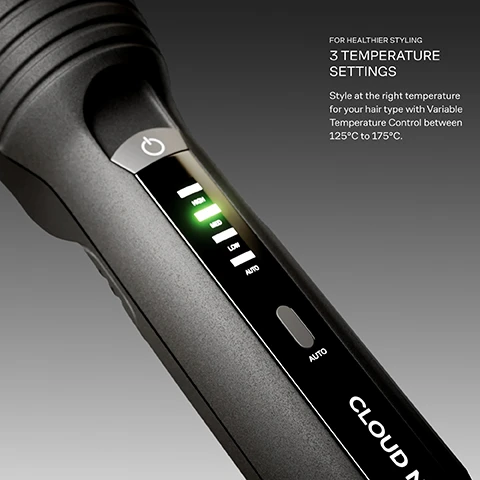 Image 1 - Close up of a black hair styling tool handle showing a display with illuminated green bars indicating the MED temperature setting, labeled HIGH, MED, LOW, AUTO, and text FOR HEALTHIER STYLING 3 TEMPERATURE SETTINGS Style at the right temperature for your hair type with Variable Temperature Control between 125°C to 175°C. Image 2 - Close-up of a black curling wand handle showing a power button, LED heat indicators, an auto button, and the Cloud Nine logo, alongside text describing its hibernation mode which reads STRESS-FREE HIBERNATION MODE Your Curling Wand is programmed to switch off after 30 minutes of inactivity. Image 3 - Close up of a black curling iron barrel with white stripes and sparkle effect, with text reading FOR A GLOSSIER FINISH SERICITE® BARREL Our 25mm curling barrel is infused with Sericite® to lock in moisture for stronger, shinier, healthier hair. Image 4 - A black hair styling wand is shown with callouts and text labels for features Kinder Sericite Barrel, Hibernation Mode, and Personalised Temperature Control, with Cloud Nine logo text.