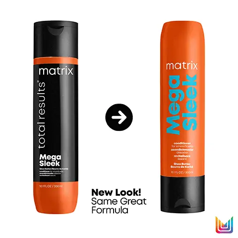 Image 1, new look same great formula. Image 2, for coarse hair Smoothing conditioner For coarse hair All-day humidity resistance Infused with shea butter *System of Mega Sleek shampoo, conditioner, & Iron Smoother vs. non-conditioning shampoo. Image 3, Mega Sleek Leaves hair smooth, calm, and with restored softness for coarse hair. Cleanse Nourish Protect matrix yanis Mega matrix Maais Smoothing Shampoo Smoothing Conditioner matrix Iron Smoother Heat-Protectant Spray