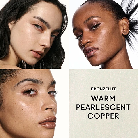 Image 1 - A collage featuring three women with radiant skin; the text at the bottom reads BRONZELITE WARM PEARLESCENT COPPER.
Image 2 - Image shows four close-up portraits of different individuals with varying skin tones showcasing skin highlights, with visible text below reading UVLITE COOL PEARLESCENT VIOLET.
Image 3 - A collage of three women showcasing different makeup looks: a woman with straight dark hair in the top left, a woman with short curly hair in the top right, and a woman with long dark hair in the bottom left, with the text below reading PINKLITE ORIGINAL PEARLESCENT PINK.
Image 4 - Image shows three women with different skin tones and makeup styles, arranged in a collage; visible text reads GOLDLITE WARM PEARLESCENT GOLD.