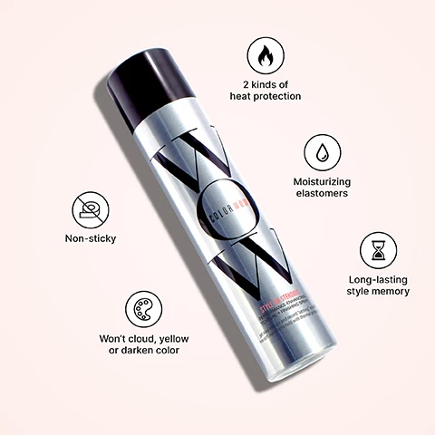 Image 2 - A silver spray can labeled COLOR WOW with large black lettering, surrounded by icons indicating features like non-sticky, two kinds of heat protection, moisturizing elastomers, and long-lasting style memory.
Image 3 - A smiling woman with long, wavy hair is holding a can of hair product labeled as WOW, against a plain background, with the text WONT CLOUD COLOR OR DULL SHINE displayed near her.