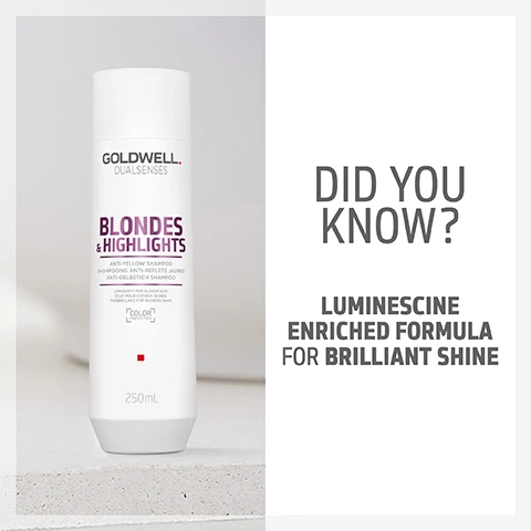 image 1, did you know? luminescine enriched formula for brilliant shine. image 2, instantly brings out colour luminosity. neutralises unwanted yellow tones. minimizes colour fading with fade stop formula. image 3, complete your hair care routine. blonde and highlights anti yellow shampoo. anti yellow conditioner. 60 second treatment.