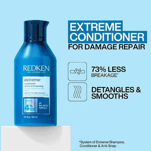 Image 1, EXTREME CONDITIONER FOR DAMAGE REPAIR 73% LESSBREAKAGE* PROMOTES HAIR HEALTH. Image 2, after shampooing apply and distribute through wet hair rinse. Image 3, damage repair routine, shampoo conditioner and treat. Image 4, formulated with protein. Image 5, GREAT FOR DAMAGED HAIR. I LOVE THE REDKEN EXTREME COLLECTION WHEN MY HAIR IS IN NEED OF SOME TLC LOOKFANTASTIC VERIFIED CUSTOMER REVIEW