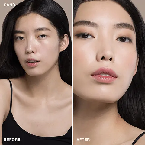 Image 1, before and after. Image 2, SKIN LONG-WEAR WEIGHTLESS FOUNDATION SPF 15 01 Alabaster (C-004) 02 Porcelain (N-012) 03 Neutral Porcelain (N010) 04 Warm Porcelain (W-016) 05 Warm Nory (W-026) 06 Ivory (C-024) 07 Cool Ivory (C-000) 08 Neutral Sand (N-000) 09 Sand (N-002) 10 Cool Sand (CCM) 11 Warm Sand (W-006) 12 Beige (N-042) 13 Cool Beige (C-04) 14 Warm Beige (W-45) 15 Golden Beige (WO) 16 Natural (N-062) 17 Natural Tan (WO54) 18 Warm Natural (W) 19 Cool Natural (C-066 20 Golden Natural (W-068) 21 Warm Honey (W-006) 22 Honey (W-064) 23 Golden Honey (W-068) 24 Neutral Honey (N-000) 25 Cool Honey (C-000) 26 Goldon (W-076) 27 Warm Golden (W-076) 28 Cool Golden (76) 29 Neutral Golden (V-070) 30 Neutral Almond (N-000) 31 War Amond (W-ce) 32 Almond (C-064) 33 Cool Almond (C-000) 34 Golden Almond (WO) 35 Warm Wat(W) 36 Neutral(0) 37 Cool Wit (CM) 38 Walnut (W-098) 39 Neutral Chestnut (N-100) 40 Chestnut (W-106) 41 Cool Chestnut (C-100) 42 Espresso (N-112) 43 Cool Espresso (C-115) 01 02 03 04 05 06 07 08 09 10 11 12 13 14 15 16 17 18 19 20 21 22 23 24 25 26 27 28 29 30 31 32 33 34 35 36 37 38 39 40 41 42 43