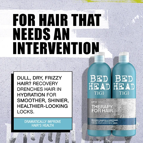 Image 2 - An advertisement for Bed Head TIGI hair products featuring two teal bottles and a white text box against a textured grey background, with large black text FOR HAIR THAT NEEDS AN INTERVENTION, the text box reading DULL, DRY, FRIZZY HAIR? RECOVERY DRENCHES HAIR IN HYDRATION FOR SMOOTHER, SHINIER, HEALTHIER-LOOKING LOCKS. DRAMATICALLY IMPROVE HAIRS HEALTH, and the bottles displaying BED HEAD TIGI, EPIC SIZE MINI PRICE, THERAPY FOR HAIR, RECOVERY SHAMPOO & CONDITIONER THERAPY FOR DRY, DAMAGED HAIR THERAPIE POUR CHEVEUX SECS, ABIMÉS. Image 3 - The image presents a product information graphic on a dark textured background, titled THE ANTIDOTE TO THIRSTY LOCKS, which describes the product as PERFECT FOR DRY, DAMAGED TRESSES THAT NEED A MOISTURE HIT and mentions a BENEFICIAL INGREDIENT: TURBO HYDRATION MOLECULES BOOST SOFTNESS & SHINE, accompanied by a DAMAGE LEVEL 2 indicator, an image of dark curly hair, and a visual meter showing level 2 damage. Image 4 - The image visually shows a turquoise shampoo bottle and a white informational panel on a distressed grey and yellow background, with visible text reading CLEANSE AND REVIVE, SHAMPOO: Deeply cleansing to help remove dirt and grime, boosts hydration, softness and shine, and leaves hair looking fresh and healthy, BED HEAD TIGI urban anti+dotes Recovery 2 Shampoo, PERFECT FOR DRY, DAMAGED TRESSES THAT NEED A MOISTURE HIT, BENEFICIAL INGREDIENTS TURBO HYDRATION MOLECULES BOOST SOFTNESS & SHINE, DRAMATICALLY IMPROVE HAIRS HEALTH FOR AN ALL NIGHT RECOVERY PARTY, 25.36 US FL. OZ. 750ml. Image 5 - A blue bottle of Bed Head Tigi Recovery Conditioner stands beside a swirl of white creamy product, displaying the text Smooth and Moisturise, Conditioner, Deeply conditions and moisturises, Calms frizz & flyaways, Prevents future damage, Hair feels soft, silky, and easier to manage, and the product label reads Bed Head Tigi urban anti+dotes Recovery 2 Conditioner for Damaged Tresses that Need a Moisture Hit, with Turbo Hydration Molecules to Boost Softness & Shine for Dramatically Improved Hairs Health, 25.36 US FL. OZ. / 750 ml e. Image 6 - A graphic with a black and white cityscape background and a yellow paint stroke at the top displays the text: YOUR RECOVERY ROUTINE, followed by product instructions: STEP 1 Shampoo, build big lather, then rinse. STEP 2 Apply conditioner to mid-lengths and ends. Leave in for 3-5 minutes, then rinse. USE AS A SYSTEM FOR BEST RESULTS. Below this, there is a section about fragrance: FRAGRANCE An energising, zesty fragrance. And a logo on a blue background: urban anti+dotes.