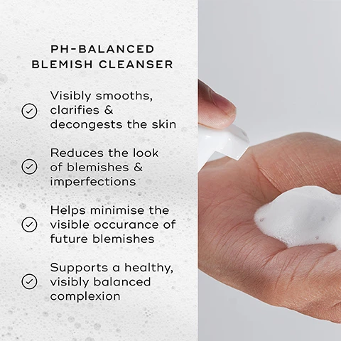 Image 1 - An image of a hand holding foam from a pH-balanced blemish cleanser, with visible text listing its benefits: visibly smooths, clarifies & decongests the skin, reduces the look of blemishes & imperfections, helps minimise the visible occurrence of future blemishes, supports a healthy, visibly balanced complexion.
Image 2 - A white bottle of Medik8 clarifying foam with a pump top, accompanied by text highlighting the benefits of salicylic acid, L-mandelic acid, niacinamide, and tea tree oil for skin care.
Image 3 - An infographic titled How to Layer showing skincare steps for morning and evening routines with labeled products including Clarifying Foam, Press & Clear, Plant Potency, Sunscreen, Vitamin A, and Advanced Night Restore.