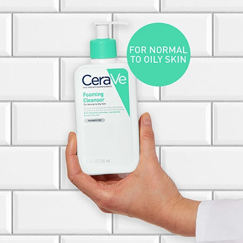 Image 1, for normal to oily skin. image 2, removes dirt and excess oils without disrupting the skin barrier. refreshing gel to foam texture. enriched with hyaluronic acid and niacinamide. image 3, formula with = niacinamide, 3 essential ceramides, hyaluronic acid. image 4, hydrate, protect and cleanse. image 5, cleansers for every skin type. developed with dermatologists find yours.