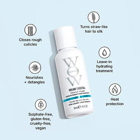 Image 1 - A white bottle of WOW Color Wow Dream Cocktail Coconut-infused Leave-in Smoothing Treatment, Enrichi de noix de coco SOIN LISSANT SANS RINÇAGE, 50ml e 1.6 FL OZ, is centered on a light blue background, surrounded by text bubbles describing its features: Closes rough cuticles, Nourishes + detangles, Sulphate-free, gluten-free, cruelty-free, vegan, Turns straw-like hair to silk, Leave-in hydrating treatment, and Heat protection. Image 2 - A split image shows a woman before with dull, frizzy hair and after with smooth, shiny, styled wavy hair, with the text BEFORE on the left and AFTER on the right. Image 3 - Three women with blonde and dark brown hair are shown above a table outlining hair problems and solutions: WHICH COCKTAILS ARE RIGHT FOR YOU? PROBLEM, DREAM COCKTAIL, RESULT. Breakage, Kale-Infused Formula, 50% stronger hair with just one use. Dull, dehydrated-straw-like hair, Coconut-Infused Formula, Hydrates + silkens. Fine, limp hair, Carb-Infused Formula, Thickens + adds mass.