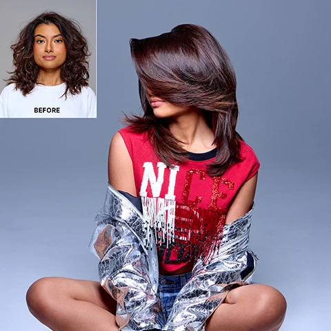 Image 1 - A before and after image displays a woman with curly hair wearing a white t-shirt, labeled BEFORE in the top left, and the same woman with sleek, straight dark hair covering her face, wearing a red top with the text NICE and a silver jacket. Image 2 - The image features a silver spray bottle labeled WOW Color Wow Dream Coat Supernatural Spray 50ml e 1.7 FL OZ with text that says magically transforms texture amazing humidity proofing powers, surrounded by descriptions stating Super lightweight + non-greasy, Vegan, gluten-free, sulphate-free, no conditioning agents, Cruelty-free, Doubles as a heat protectant, and Results last through 3-4 shampoos. Image 3 - An image titled SLAYS HUMIDITY, showing a side-by-side comparison of blonde hair strands. On the left, a dropper applies liquid to hair, which absorbs it, labeled WITHOUT DREAM COAT and with text Hair absorbs water, leading to frizz. On the right, a dropper applies liquid to hair, which beads on the surface, labeled WITH DREAM COAT and with text Hair repels moisture + humidity, no frizz. Image 4 - A split image displays two before-and-after hair transformations to help users choose a product, titled WHICH DREAM COAT IS RIGHT FOR ME; the top section shows a woman with curly hair before and smooth straight hair after, recommending EXTRA STRENGTH DREAM COAT for extremely dry, dehydrated or very curly/coily hair for smooth, humidity-resistant, frizz-free results that last; the bottom section shows a woman with wavy frizzy hair before and sleek smooth hair after, recommending DREAM COAT SUPERNATURAL SPRAY for straight, wavy or curly but frizzy hair for smooth, humidity-resistant, frizz-free results that last.