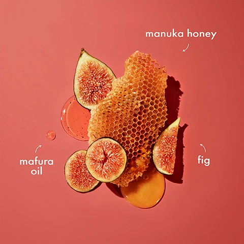 Image 1 - A flat lay image features a honeycomb piece, slices of fig, and drops of mafura oil against a pink background, with labels for manuka honey, mafura oil, and fig placed around the items.
Image 2 - An orange background features the text FOR DRY & DAMAGED HAIR in various fonts and sizes.
