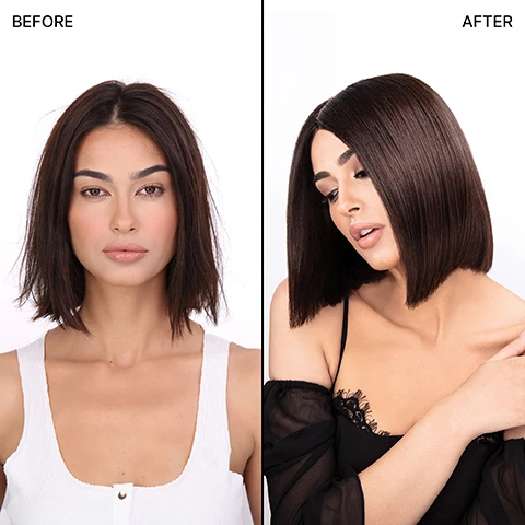 Image 2 - Image showing a side-by-side comparison of a woman with a before and after hairstyle; the left side displays her with a slightly tousled, shoulder-length bob, while the right side shows her with a sleek, straight bob hairstyle. Visible text includes BEFORE on the left and AFTER on the right.
Image 3 - Image comparison showing two sections of hair; the left side labeled WITHOUT DREAM COAT with droplets of water absorbed into the hair, and the right side labeled WITH DREAM COAT showing water beading on the surface, with visible text stating Hair absorbs water, leading to frizz on the left and Hair repels moisture + humidity, no frizz on the right.
Image 4 - An image showing a woman with shiny, styled dark hair smiling and touching her hair, with a smaller inset image of the same woman before, featuring frizzy hair; the word BEFORE is visible in the lower image.
