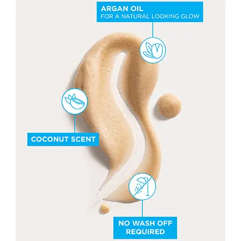 Image 1 - A smooth, light brown swirl of product is displayed with icons and text indicating argan oil for a natural looking glow, coconut scent, and no wash off required.
Image 2 - Image shows three panels featuring the Liquid Gold Self Tanning Foam product: on the left, a bottle and pump with tan-colored foam; in the center, a woman in a black bikini holding the product; on the right, another bottle of the product; below the images, there are three icons stating never streaky, enriched with argan oil, and no wash off required.
Image 3 - Image shows a hand holding a bottle of Bondi Sands Liquid Gold Self Tanning Foam against a blue background, with a speech bubble displaying a five-star rating and a testimonial from Gabrielle stating she was obsessed with the product for achieving a perfect bronze without streaks.