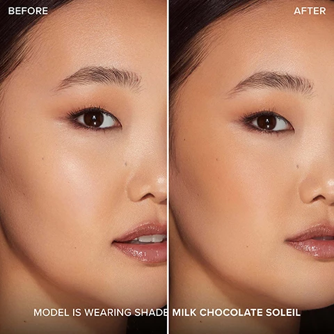 Image 1 - A side-by-side comparison of a womans face labeled BEFORE on the left and AFTER on the right, showcasing a makeup transformation, with visible text stating MODEL IS WEARING SHADE MILK CHOCOLATE SOLEIL.
Image 2 - A close-up portrait of a smiling woman with long black hair, wearing earrings, and displaying glossy lips, with visible text stating MODEL IS WEARING MILK CHOCOLATE SOLEIL.
Image 3 - A round compact of chocolate-colored powder makeup is displayed with cocoa powder scattered around it, featuring text that reads 8-HOUR Wear, MATTE FINISH, MEDIUM, BUILDABLE Coverage, POWDER FORMULA, Infused with REAL COCOA POWDER, and Smells Like CHOCOLATE.
Image 4 - Three arms display different shades of foundation swatches on their skin: Dark Chocolate Soleil, Chocolate Soleil, and Milk Chocolate Soleil, with each shade labeled beside the corresponding swatch.
Image 5 - Image features four close-up portraits of women showcasing different makeup shades labeled as Milk Chocolate, Chocolate, and Dark Chocolate, with bronzer powder in the background.
Image 6 - Image shows three bronzer compacts and several broken pieces of chocolate on a pink background, with text reading WARM UP WITH ALL 3 SHADES OF OUR LASTING, BUILDABLE BRONZER INFUSED WITH REAL COCOA POWDER and a heart-shaped label stating SMELLS LIKE CHOCOLATE.