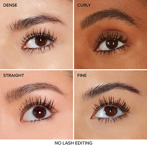 Image 1 - Four close-up images of different eye types with varying eyelash styles labeled as Dense, Curly, Straight, and Fine, with the text NO LASH EDITING at the bottom.
Image 2 - A close-up of an hourglass-shaped mascara brush with a black handle, set against a soft gradient background with water droplets, accompanied by text that reads Iconic, Hourglass-Shaped Brush, and Separates & Coats Each Lash.
Image 3 - A turquoise mascara tube with a glossy finish and a slightly open lid reveals the brush, surrounded by water droplets, against a soft pink background, accompanied by text highlighting its features: high-performance, water-resistant polymers, porcelain flower extract, omega oil that moisturizes and conditions lashes, and unique peptides for the deepest intense black possible.
Image 4 - Image depicts a comparison chart of Too Faced mascaras, showcasing four products: Better Than Sex Foreplay mascara primer, Ribbon Wrapped Lash mascara, Naturally Better Than Sex mascara, and Better Than Sex mascara in original, waterproof, and chocolate varieties, along with their colors, features, benefits, and brush types.