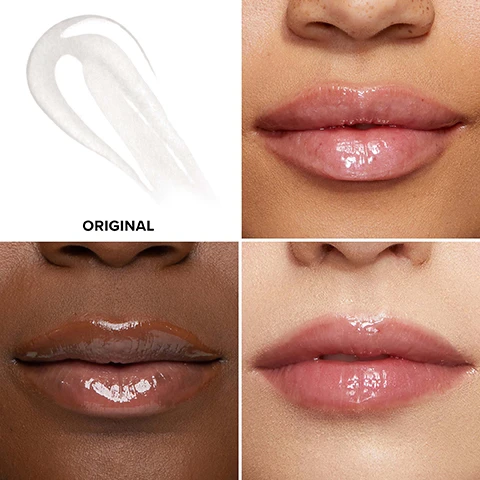 Image 1 - A glossy lip product is shown in a swirl on the top left, with three close-up images of different lips below in shades of brown and pink, labeled with the text ORIGINAL beneath the swirl.
Image 2 - Close-up of a models lips showing a glossy effect and smooth texture, with clear distinguishing labels “BEFORE” on the left and “AFTER” on the right, indicating the improvement; visible text reading MODEL IS WEARING SHADE ORIGINAL.
Image 3 - A close-up image of a womans face divided into two sections labeled BEFORE and AFTER, showing her lips and skin with noticeable enhancement; the text MODEL IS WEARING SHADE ORIGINAL is displayed at the bottom.
Image 4 - Close-up image of a models lips shown in two halves, left side labeled BEFORE showing dry lips and right side labeled AFTER displaying glossy, hydrated lips, with visible text reading MODEL IS WEARING SHADE ORIGINAL.
Image 5 - Image of a lip plumper product with a gold cap and a clear tube, accompanied by statistics showing 93% of users said lips look fuller and more plump, 97% said it delivers instant results, and 97% said lips feel moisturized. Small text at the bottom notes study details: In a consumer study of 30 people between ages 19 and 35 years, Study conducted December 2015.
Image 6 - Image of a product chart with four columns labeled Level 1, Level 2, Level 3, and Bonus Plump Effect, featuring various lip plumper products from Too Faced with descriptions including LIP INJECTION EXTREME LIP PLUMPER, LIP INJECTION EXTREME PLUMPING CLICKS, LIP INJECTION MAXIMUM PLUMP, LIP INJECTION EXTREME LIP SHAPER, LIP INJECTION LIP GLOSS, and LIP INJECTION LIQUID LIPSTICK.
Image 7 - Image shows two tubes of lip gloss with gold caps, labeled as full size and travel size, set against a gradient pink background, with FULL SIZE and TRAVEL SIZE in pink hearts above each tube.